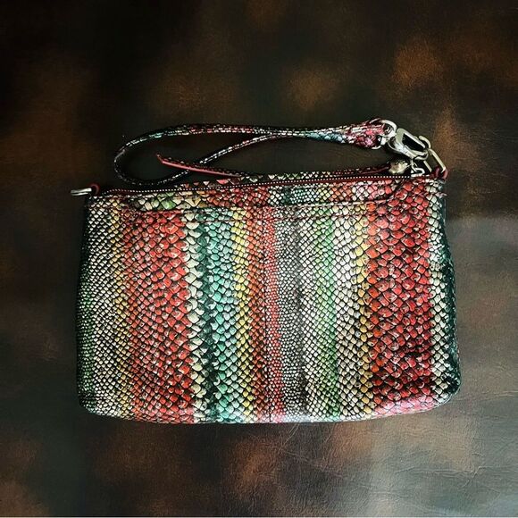 Hobo Holiday Stripe Vida Leather Wristlet Bag Zip Top CC Slots Snakeskin Y2K - Picture 2 of 8